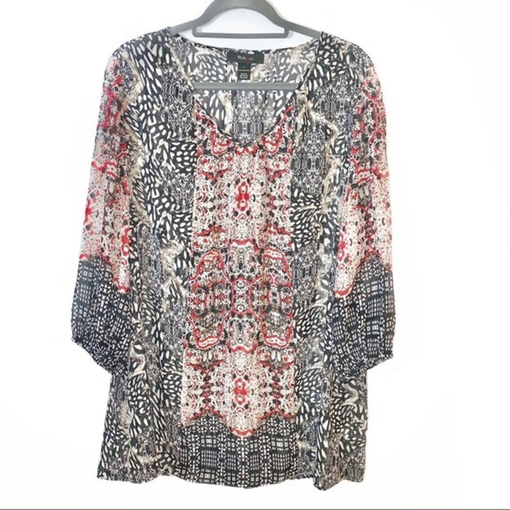 Style & Co sz L black white & rust BOHO 3/4 sleeve lightweight v-neck tunic top
